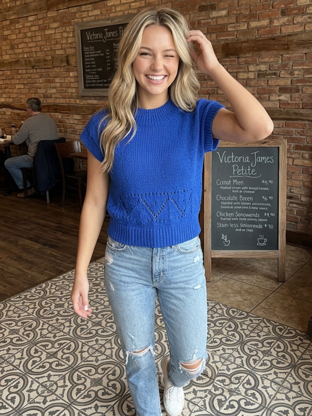 Victoria Jones Petite Cobalt Blue Short Sleeve Crewneck Knit Top